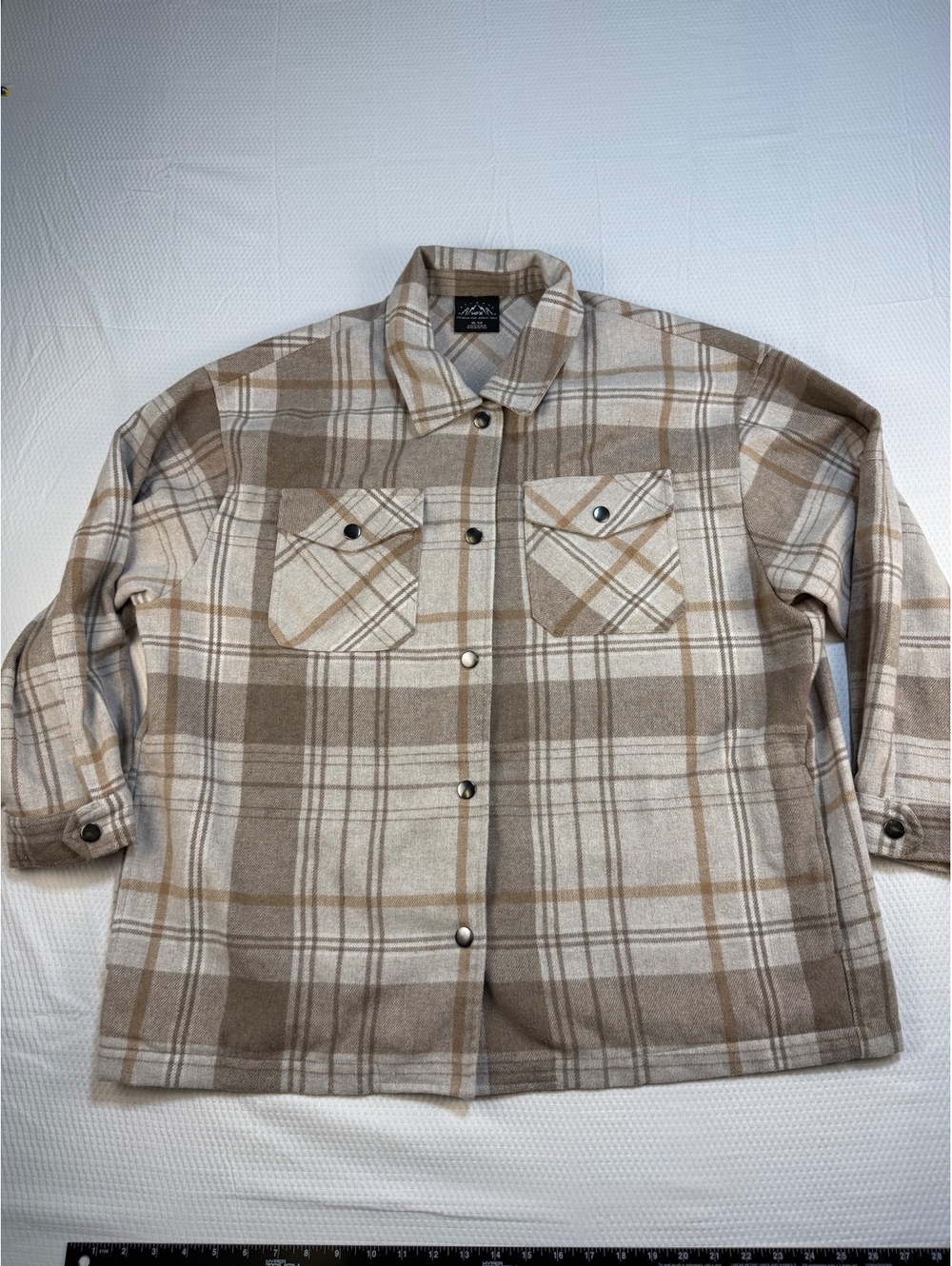 HFX Mens XL Wool Blend Plaid Snap Front Shirt Jacket Beige Brown Shacket